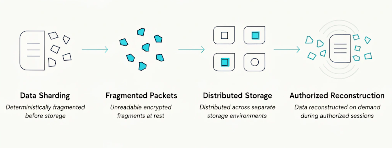 FSDE data lifecycle: source data splits into distributed shards across separate nodes, reconstructed on demand